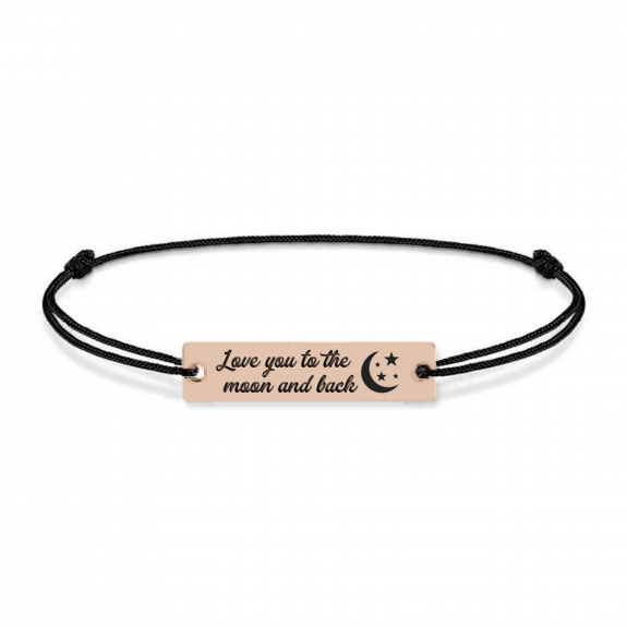 Bratara argint tablita 30 mm si snur negru - personalizata cu text - placat cu aur roz